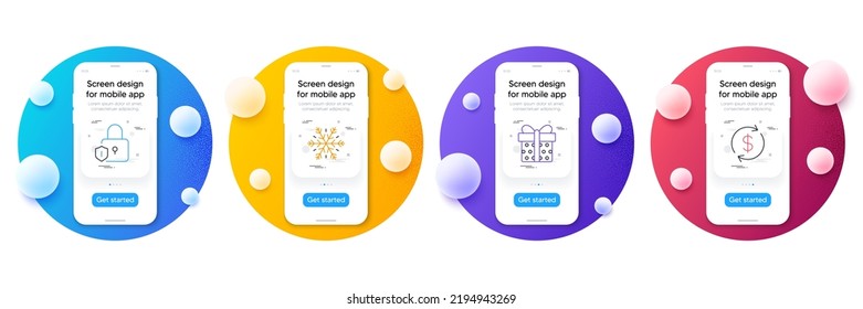 Minimal set of Gift box, Air conditioning and Lock line icons for web development. Phone ui interface mockup with balls. Usd exchange icons. Present package, Snowflake, Padlock shield. Vector