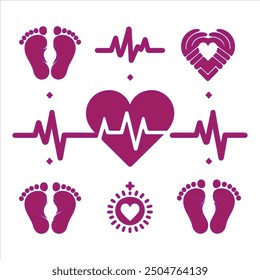 Minimal Set of heart pulse with heart and babys feet vector flat style vector illustration