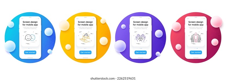 Minimal set of Hold box, Like and Skin care line icons for web development. Phone ui interface mockup with balls. Group icons. Delivery parcel, Social media dislike, Hand cream. Managers. Vector