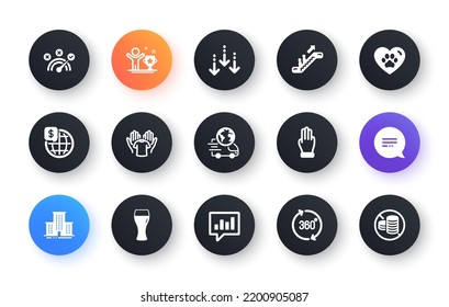 Minimal set of Hold t-shirt, Pets care and Analytical chat flat icons for web development. Text message, Correct answer, Delivery service icons. Scroll down, 360 degrees. Vector