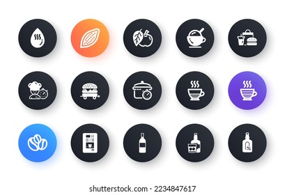 Minimal set of Ice cream, Boiling pan and Food delivery flat icons for web development. Coffee vending, Cafe creme, Hot water icons. Apple, Cocoa nut, Fast food web elements. Wine bottle. Vector