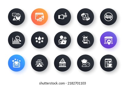 Minimal set of Ice cream, Quality and Technical algorithm flat icons for web development. Market location, Search, Inventory icons. Video conference, Drag drop, Stop stress web elements. Vector