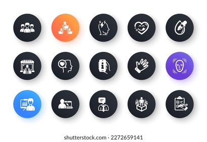 Minimal set of Info app, Augmented reality and Hand flat icons for web development. Face detection, Romantic talk, Teamwork icons. Support service, Presentation, Market buyer web elements. Vector