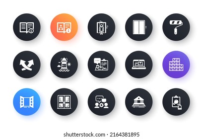 Minimal set of Inventory report, Technical info and Wholesale inventory flat icons for web development. Lift, Door, Paint roller icons. Lighthouse, Court building. Circle buttons with icon. Vector