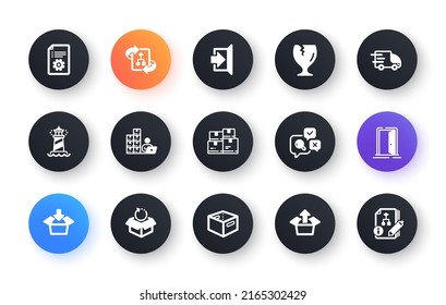 Minimal set of Inventory, Technical algorithm and Inspect flat icons for web development. Lighthouse, Open door, Wholesale inventory icons. Return package, Office box. Circle buttons with icon. Vector