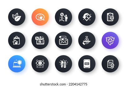 Minimale Anzahl von Loan, Kreativität und Auge Checkliste flache Symbole für die Web-Entwicklung. Sd, Computersicherheit, Love-Buchstaben-Symbole. Rabatt, Reiseverleih, Cashback Web-Elemente. Vektorgrafik