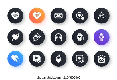 Minimal set of Love, Like button and Friends chat flat icons for web development. Heart flame, Heart, Love letter icons. Inclusion, Champagne glasses, Valentine web elements. Kiss me. Vector