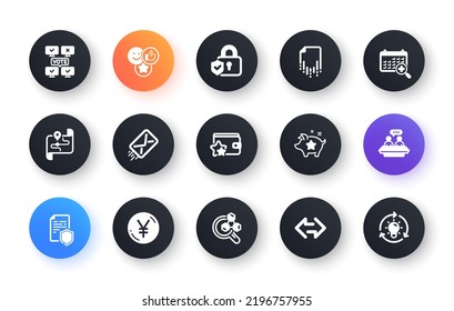 Minimal set of Map, Data security and E-mail flat icons for web development. Medical calendar, Loyalty program, Like icons. Employees talk, Security lock, Chemistry lab web elements. Vector