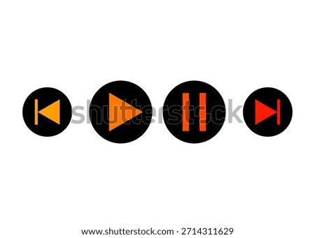 Minimal set media player control buttons including play, pause, rewind and forward icons in circular shape. For audio and video players, music and streaming apps, user interface, UI UX design, web