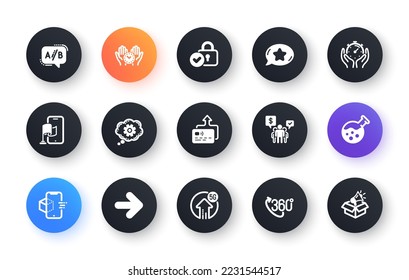 Minimal set of Next, Ab testing and Teamwork flat icons for web development. Safe time, Verified locker, 360 degree icons. Favorite chat, 5g upload, Cogwheel web elements. Vector