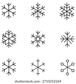 A minimal set of nine different black outline snowflake icons for winter and Christmas design projects. Thin line vector elements representing snow, ice, and cold.