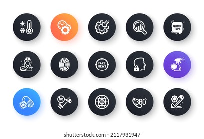 Minimal set of Nurse, Weather thermometer and 360 degree flat icons for web development. Seo gear, Seo analysis, Unlock system icons. Fake news, Quick tips, Time management web elements. Vector