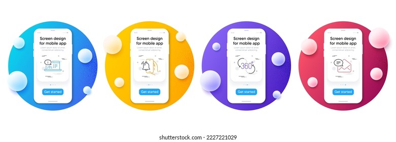 Minimal set of Online documentation, 360 degree and Alarm clock line icons for web development. Phone ui interface mockup with balls. New mail icons. Vector