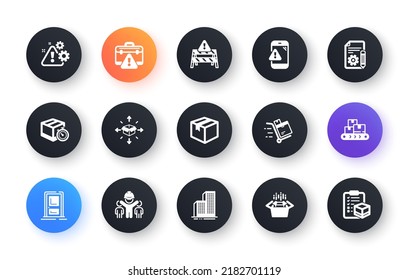 Minimal set of Parcel, Packing boxes and Entrance flat icons for web development. Warning road, Warning message, Inventory cart icons. Engineering team, Documentation. Circle buttons with icon. Vector