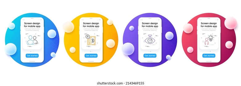 Conjunto mínimo de pago de estacionamiento, usuarios e iconos de línea láser ocular para el desarrollo web. La interfaz de Phone Ui se burla de las bolas. Agrupar iconos de personas. Garaje pagado, Pareja de personas, clínica Optometría. Vector