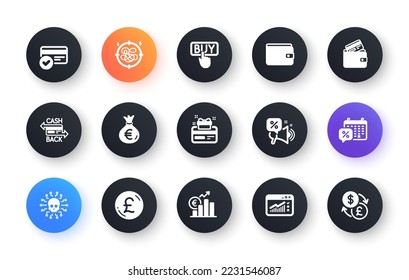 Minimal set of Payment methods, Money bag and Cashback card flat icons for web development. Stress, Loyalty card, Euro rate icons. Pound money, Buying, Discounts calendar web elements. Vector