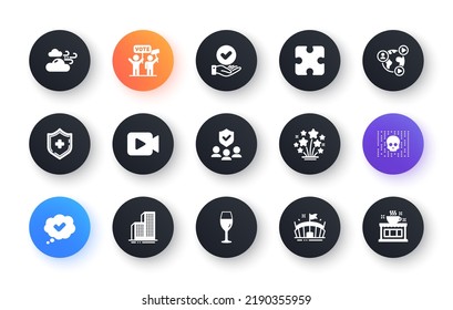 Minimal set of People insurance, Fireworks stars and Wineglass flat icons for web development. Video conference, Video camera, Cyber attack icons. Medical shield, Arena. Vector