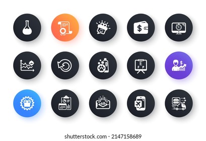Minimal set of Pet shampoo, Certificate and Smile flat icons for web development. Augmented reality, Report, Dollar wallet icons. Recovery data, Seo timer, Flight mode web elements. Vector