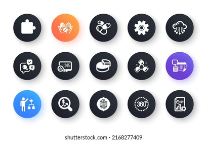 Minimal set of Pie chart, Medical tablet and Report statistics flat icons for web development. Service, Chemistry molecule, Inspect icons. 360 degrees, Algorithm, Currency audit web elements. Vector