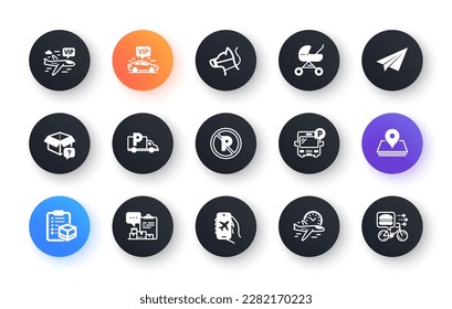 Minimal set of Pin, Secret package and Flight time flat icons for web development. Flight mode, Baby carriage, Inventory report icons. Dog leash, Parcel checklist, Bus parking web elements. Vector