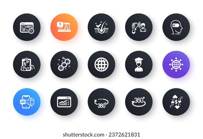 Minimal set of Prescription drugs, Globe and Weariness flat icons for web development. Electronic thermometer, International globe, Student icons. Web timer, 360 degrees. Vector