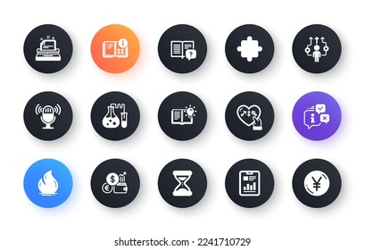 Minimal set of Product knowledge, Instruction info and Chemistry lab flat icons for web development. Puzzle, Fire energy, Microphone icons. Business way, Typewriter. Circle buttons with icon. Vector