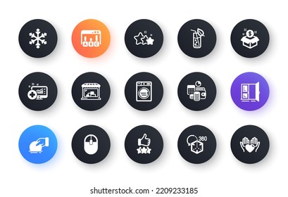 Minimal set of Rating stars, Post package and Survey results flat icons for web development. Laundry, Snowflake, Medical analytics icons. Budget accounting, Donate. Circle buttons with icon. Vector