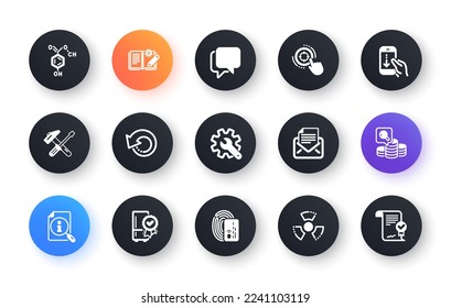 Conjunto mínimo de datos de recuperación, herramienta de martillo e iconos planos de búsqueda para el desarrollo web. Personalización, burbuja Talk, iconos de correspondencia de correo. Documentación de ingeniería, Riesgo químico. Vector