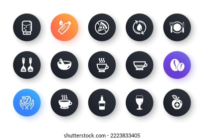 Minimal set of Restaurant food, Cooking cutlery and Espresso flat icons for web development. Water cooler, Coffee, Prohibit food icons. Coffee cup, Refill water, Scotch bottle web elements. Vector