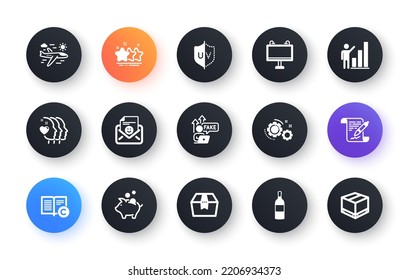 Minimal set of Road banner, Smile and Graph chart flat icons for web development. Copyright, Piggy bank, Wine bottle icons. Friends couple, Fake internet, Gears web elements. Vector
