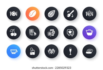 Minimal set of Romantic dinner, Cherry and Almond nut flat icons for web development. Coffee, Food delivery, Food app icons. Champagne glass, Tea bag, Coffee beans web elements. Milk jug. Vector