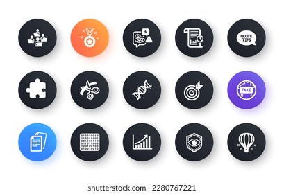 Minimal set of Scissors, Documents and Graph chart flat icons for web development. Teamwork, Puzzle, Chemistry dna icons. Winner reward, Stress, Fake news web elements. Binary code. Vector
