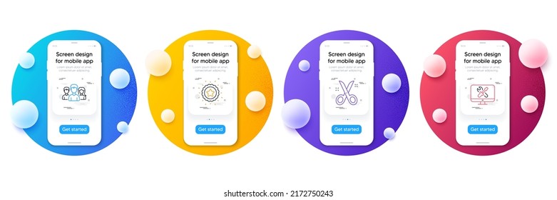 Minimal set of Scissors, Winner star and Teamwork line icons for web development. Phone ui interface mockup with balls. Repair icons. Cutting tool, Best award, Group of users. Computer service. Vector