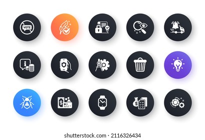 Minimal set of Security app, Card and Trash bin flat icons for web development. Energy, Search, Smartwatch icons. Accounting wealth, Delivery notification, Stop voting web elements. Vector