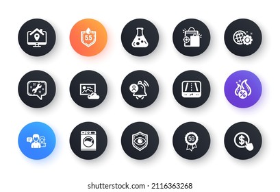 Minimal set of Seo gear, Eye detect and Chemistry lab flat icons for web development. 5g technology, People talking, Seo shopping icons. Washing machine, Photo cloud, Work home web elements. Vector
