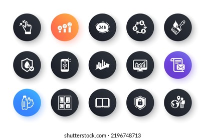Minimal set of Shield, Waterproof and Customer satisfaction flat icons for web development. Growth chart, Teamwork, Mail letter icons. Touchscreen gesture, Brush, Door web elements. Vector