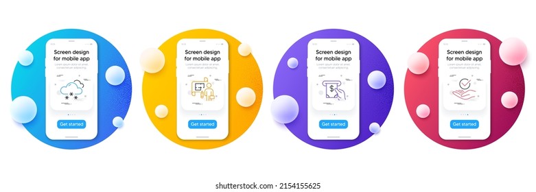 Minimal set of Snow weather, Plan and Atm service line icons for web development. Phone ui interface mockup with balls. Approved icons. Snowflake, Architect plan, Cash investment. Vector