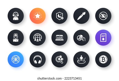 Conjunto mínimo de Soporte, Laboratorio de Química e Iconos planos de realidad aumentada para el desarrollo de la web. Estrella, archivo de envío, iconos de gráfico circular. Pincel, Guardia, elementos web de análisis web. Auriculares. Vector
