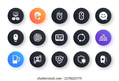 Minimal set of Swipe up, Fast delivery and Shields flat icons for web development. Recycle, Work home, Full rotation icons. Globe, Smile face, Boxes pallet web elements. Vector