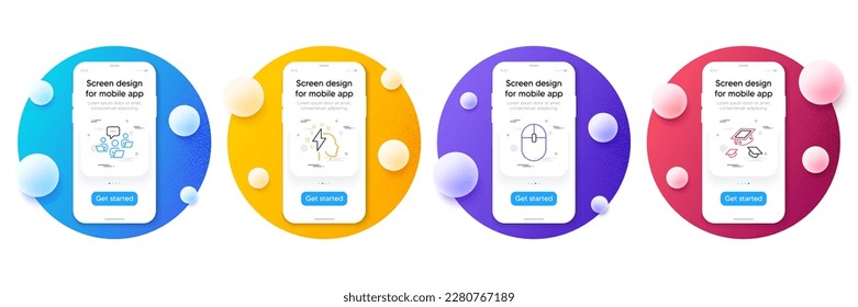 Minimal set of Teamwork, Computer mouse and Brainstorming line icons for web development. Phone ui interface mockup with balls. Throw hats icons. Remote work, Pc equipment, Lightning bolt. Vector