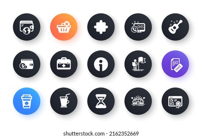 Minimal set of Time, Info and Puzzle flat icons for web development. Web call, Delete purchase, Takeaway coffee icons. Coffee cup, Leadership, Fake news web elements. Guitar. Vector