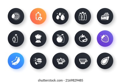 Minimal set of Tomato, World water and Strawberry flat icons for web development. Water bottles, Apple, Cooking chef icons. Food delivery, Cappuccino, Espresso cream web elements. Burger. Vector