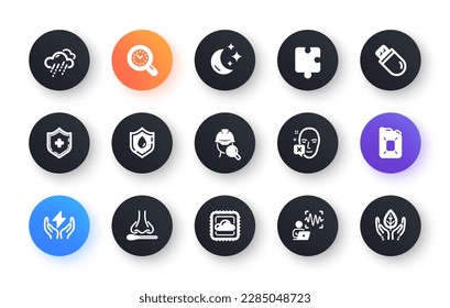 Conjunto mínimo de Usb stick, Nasal test e Inspeccionar iconos planos para el desarrollo de la web. Rostro declinado, Ola de voz, Iconos de computación en nube. Luna, rompecabezas, elementos de la red de aceite del cartucho. El clima lluvioso. Vector