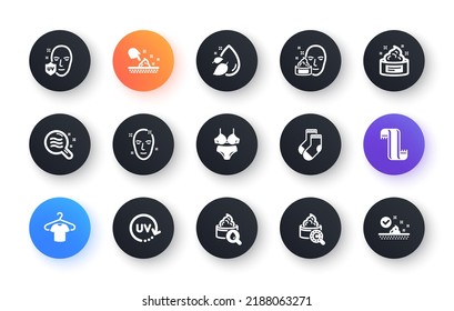 Minimal set of Uv protection, Scarf and Moisturizing cream flat icons for web development. Socks, Skin moisture, Water drop icons. T-shirt, Lingerie, Uv protection web elements. Vector