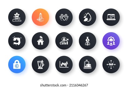 Minimal set of Vip podium, Smartphone holding and Stock analysis flat icons for web development. Manager, Home, Water drop icons. Copyright locker, Engineering team, Seo laptop web elements. Vector