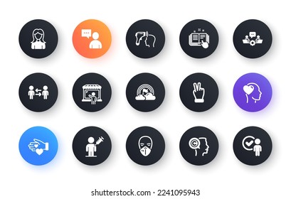 Conjunto mínimo de Voluntarios, Conversaciones de Usuarios e Iconos planos termómetros electrónicos para el desarrollo web. Vendedor de mercado, Amigo, íconos de la mano de Victoria. Trabajo en equipo, documentación técnica. Vector