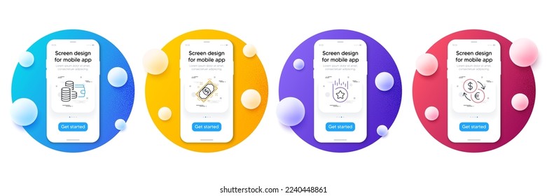 Minimal set of Wallet, Loyalty star and Payment line icons for web development. Phone ui interface mockup with balls. Currency exchange icons. Money budget, Bonus reward, Finance. Vector