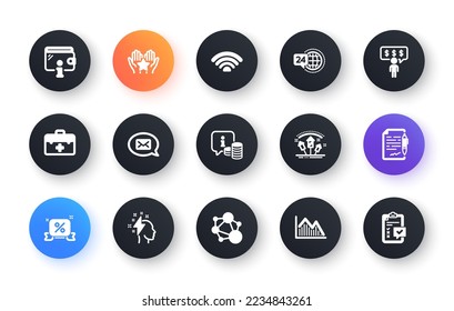 Minimal set of Wifi, Info and Brainstorming flat icons for web development. Ranking, Messenger, Wallet icons. Investment graph, Discounts ribbon, First aid web elements. Vector
