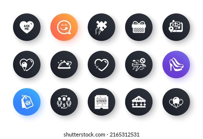 Minimal set of Winner ticket, Sale tag and Ice cream flat icons for web development. Romantic dinner, Ask me, Gift icons. Cancel flight, Heart, Gps web elements. Carousels, Puzzle, Shoes. Vector