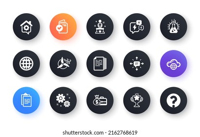 Conjunto mínimo de iconos planos de trabajo, globo y portapapeles para el desarrollo web. Turbina de molino de viento, éxito, iconos de Sms. Victoria, Copiar documentos, Trabajar elementos web locales. Laboratorio de química. Vector